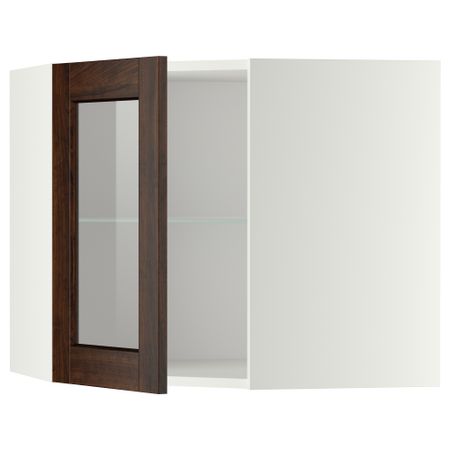 Угловой навесной шкаф с полками, стекляными дверцами МЕТОД, белый, Эдсерум коричневый