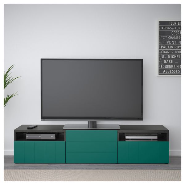 Тумба под ТВ с ящиками и дверцей БЕСТО, черно-коричневый, Халлставик сине-зеленый (180x40x38 см) - фото 2