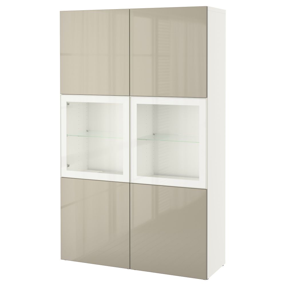 Комбинация для хранения со стеклянными дверцами БЕСТО, белый, Сельсвикен глянцевый/бежевый прозрачное стекло (120x40x192 см) - фото 1