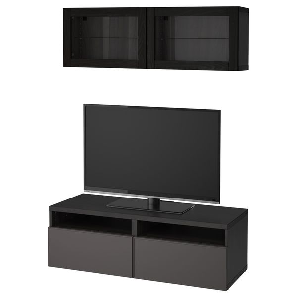 Шкаф для ТВ, комбинированный, стекляные дверцы БЕСТО, черно-коричневый Грундсвикен, темно-серый прозрачное стекло (120x20/40x166 - фото 1