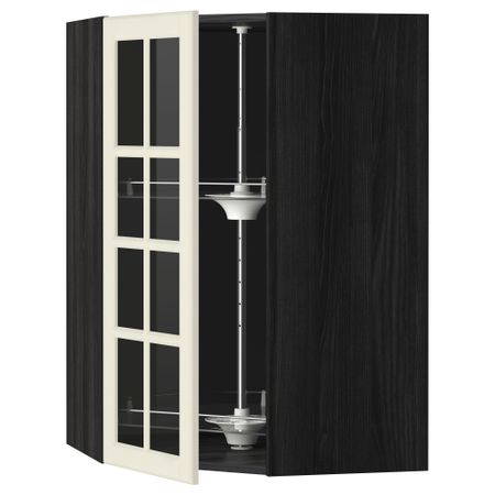 Угловой навесной шкаф с вращающающейся секцией, стеклянными дверцами МЕТОД, черный, Будбин белый с оттенком