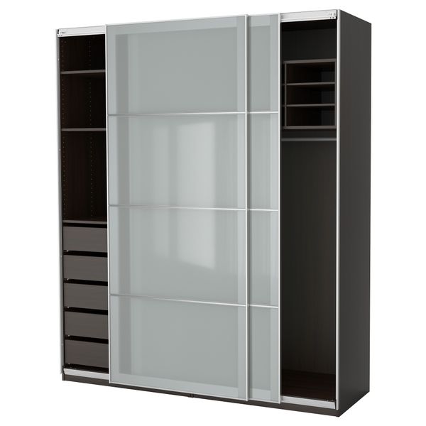 Гардероб ПАКС, черно-коричневый, Сэккен матовое стекло - фото 1