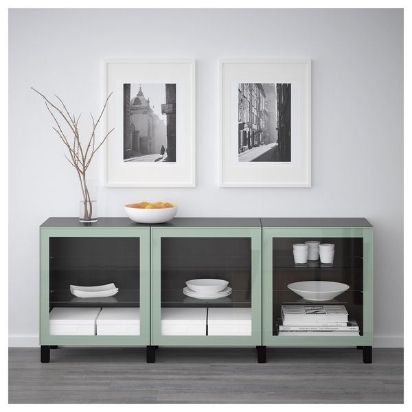 Комбинация для хранения с дверцами БЕСТО, черно-коричневый Глассвик, глянцевый/серо-зеленый светлый прозрачное стекло (180x40x74 - схема-чертеж с размерами