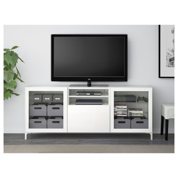 Тумба для ТВ с ящиками БЕСТО, белый, Сельсвикен глянцевый/белый прозрачное стекло (180x40x74 см) - фото 2