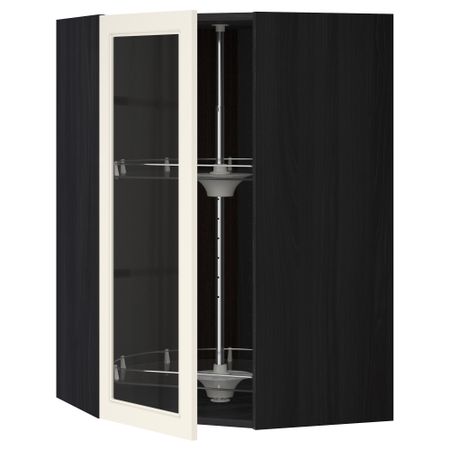 Угловой навесной шкаф с вращающающейся секцией, стеклянными дверцами МЕТОД, черный, Хитарп белый с оттенком