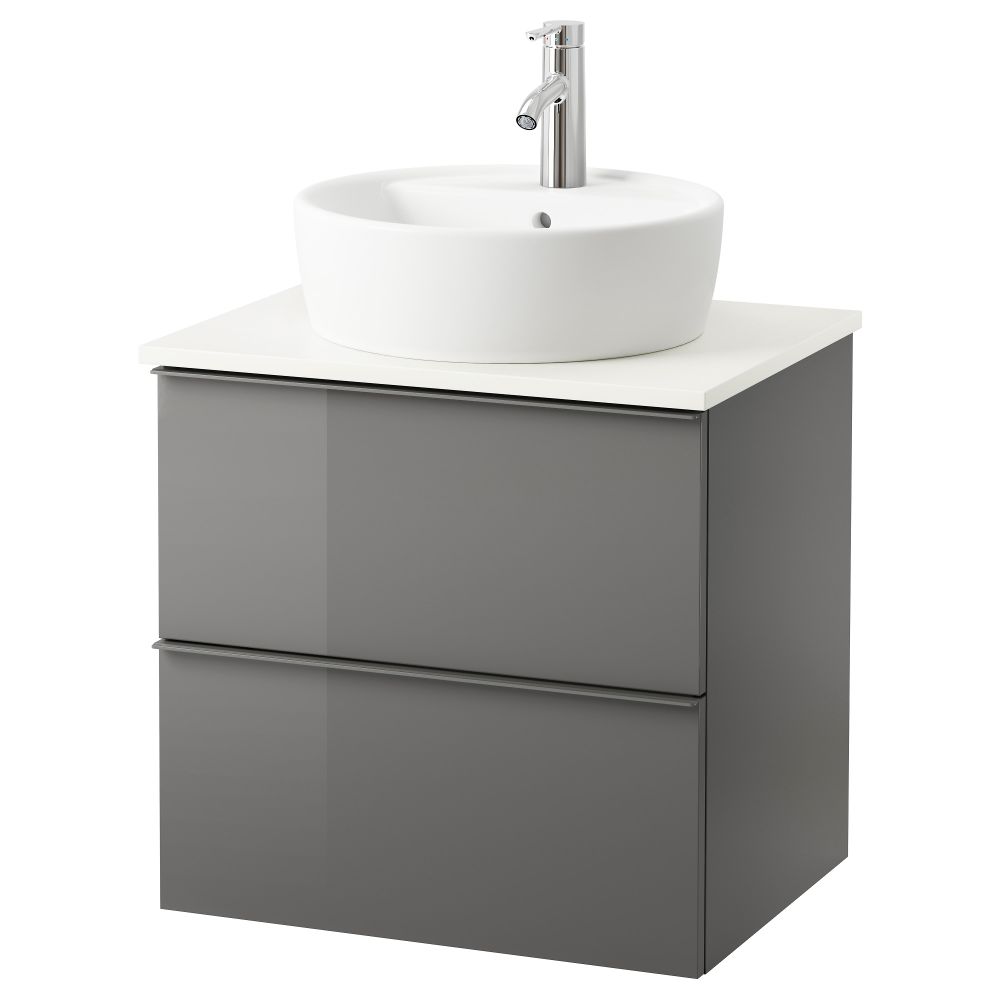 Шкаф п-раковину/столешн45/раковина ГОДМОРГОН/АЛДЕРН / ТОРНВИКЕН, глянцевый серый, белый (62x49x74 см) - схема-чертеж с размерами