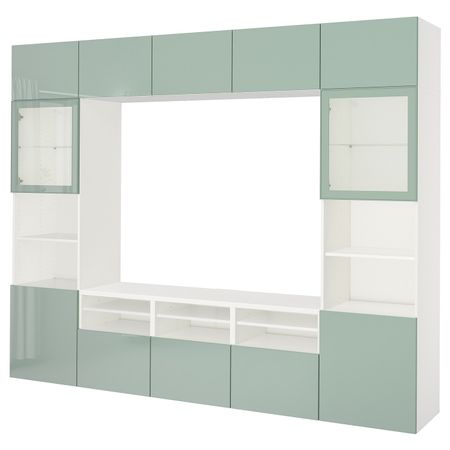 Шкаф для ТВ, комбинированный, стекляные дверцы, белый Сельсвикен, глянцевый/серо-зеленый светлый прозрачное стекло, 300x40x230