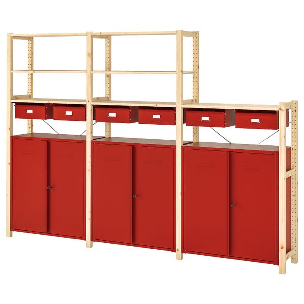 Стеллаж со шкафами/ящиками, сосна/красный 259x30x179 см IKEA IVAR ИВАР 393.237.25 - фото 1