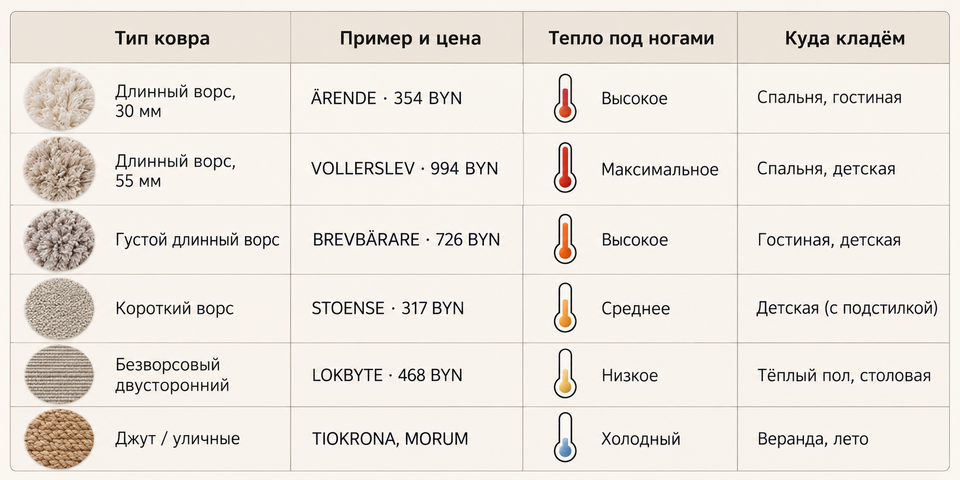 Сравнительная таблица ковров IKEA: ÄRENDE 354 BYN, VOLLERSLEV 994 BYN, BREVBÄRARE 726 BYN, STOENSE 317 BYN, LOKBYTE 468 BYN, джутовые TIOKRONA и MORUM − тип ворса, тепло под ногами и комната