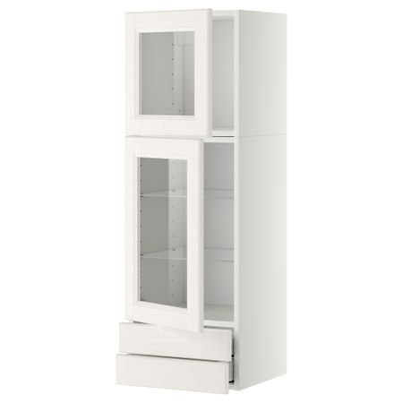 Навесной шкаф, 2 стеклянные дверцы, 2 ящика МЕТОД / МАКСИМЕРА, белый, Лаксарби белый