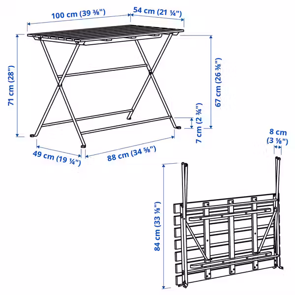 TÄRNÖ Садовый стол - чёрный/светло-коричневая морилка 100x54 см - схема-чертеж с размерами