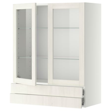 Навесной шкаф, 2 стеклянные дверцы, 2 ящика МЕТОД / ФОРВАРА, белый, Росдаль белый
