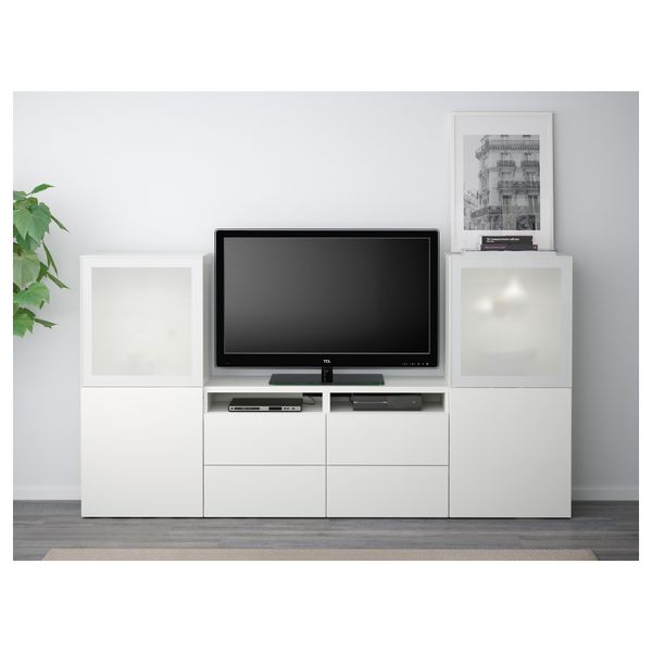 Шкаф для ТВ, комбинированный, стекляные дверцы БЕСТО, белый, Сельсвикен глянцевый/белый матовое стекло (240x40x128 см) - фото 2