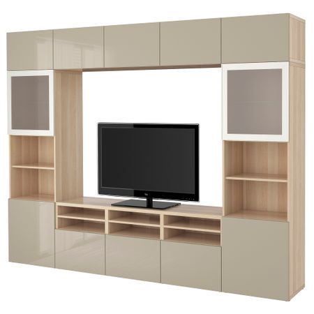 Шкаф для ТВ, комбинированный, стекляные дверцы БЕСТО, под беленый дуб, Сельсвикен глянцевый/бежевый матовое стекло (300x40x230