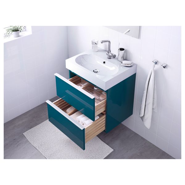 Шкаф для раковины с 2 ящиками ГОДМОРГОН / БРОВИКЕН, глянцевый бирюзовый, светло-серый (60x49x68 см) - фото 3