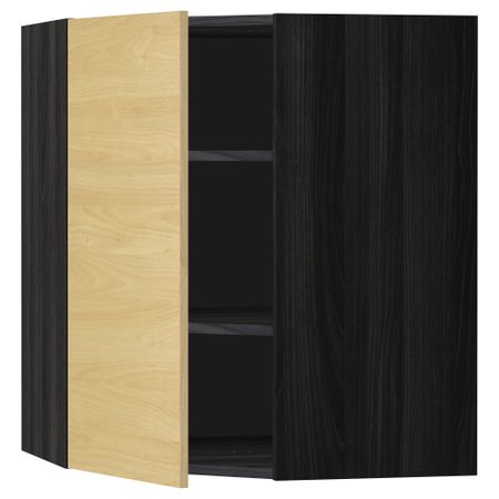 Угловой навесной шкаф с полками МЕТОД, черный, Тингсрид береза
