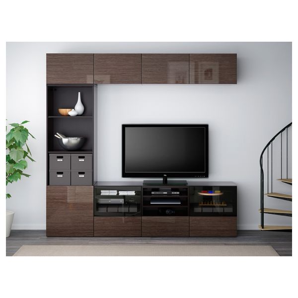 Шкаф для ТВ, комбинированный, стекляные дверцы БЕСТО, черно-коричневый, Сельсвикен глянцевый/коричневый прозрач стекло - фото 2