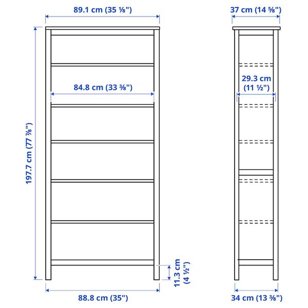 Стеллаж, белая морилка/светло-коричневый 90x197 см IKEA HEMNES ХЕМНЭС 504.134.99 - схема-чертеж с размерами