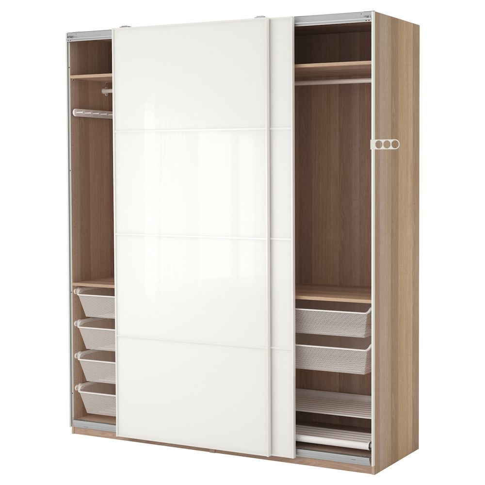 Гардероб, под беленый дуб, Фэрвик глянцевый/белый, 200x66x236 см IKEA ПАКС 893.063.23 - фото 1