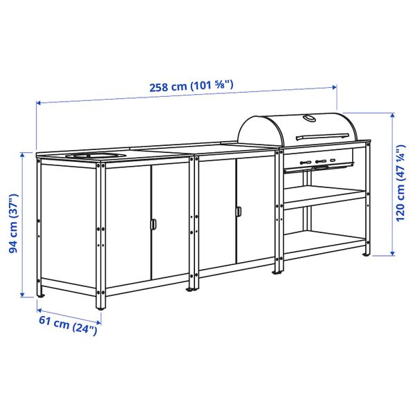 Кухонная мойка/угольн гриль,д/улицы, нержавеющая сталь 258x61 см IKEA GRILLSKÄR ГРИЛЛЬСКЭР 394.003.99 - схема-чертеж с размерами