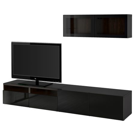 Шкаф для ТВ, комбинированный, стекляные дверцы БЕСТО, черно-коричневый, Сельсвикен глянцевый/черный прозрачное стекло