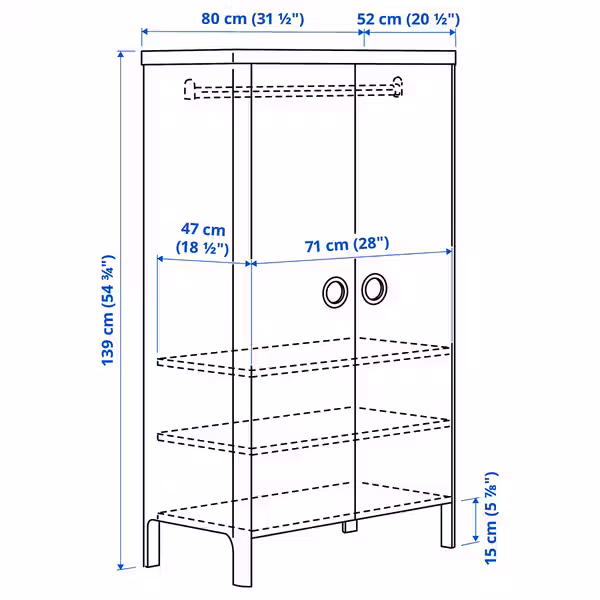 BUSUNGE Шкаф платяной - белый 80x139 см - схема-чертеж с размерами
