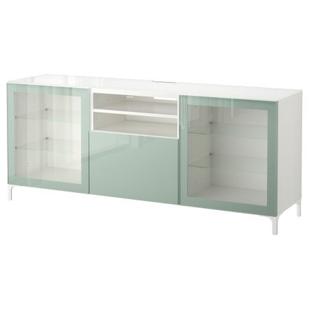 Тумба под ТВ БЕСТО, белый Сельсвикен, глянцевый/серо-зеленый светлый прозрачное стекло (180x40x74 см)