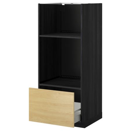 Высокий шкаф с ящиком для духовки/СВЧ МЕТОД / МАКСИМЕРА, черный, Тингсрид береза (60x60x140 см)