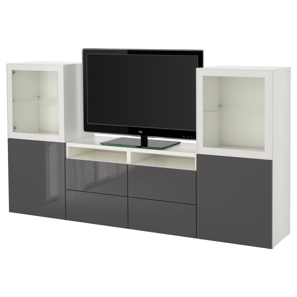 Шкаф для ТВ, комбинированный, стекляные дверцы БЕСТО, белый, Сельсвикен глянцевый/серый прозрачное стекло (240x40x128 см) - фото 1
