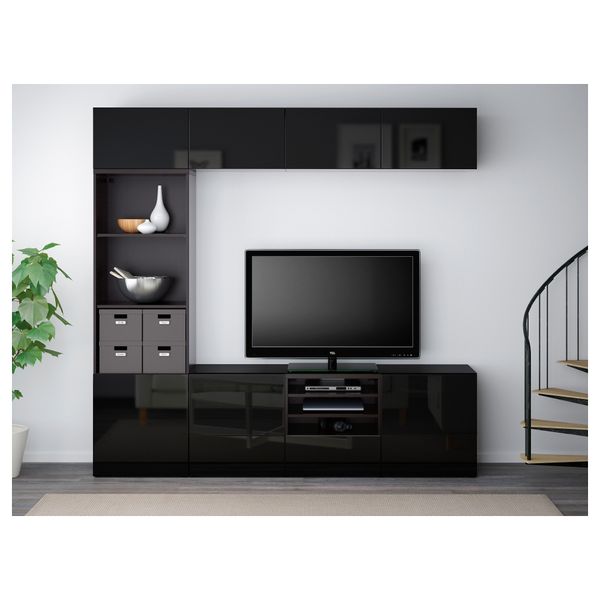 Шкаф для ТВ, комбинированный, стекляные дверцы БЕСТО, черно-коричневый, Сельсвикен глянцевый/черный дымчатое стекло (240x40x230 - фото 2