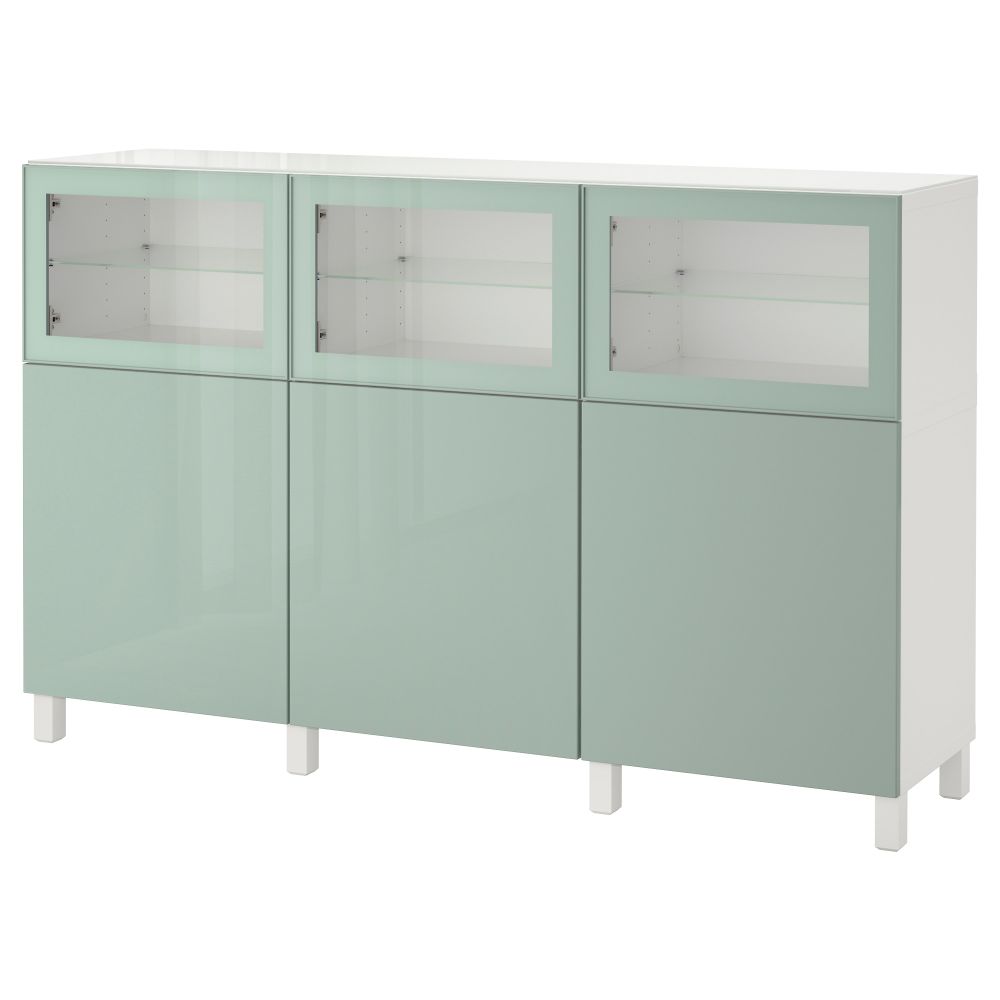 Комбинация для хранения с дверцами БЕСТО, белый Сельсвикен, глянцевый/серо-зеленый светлый прозрачное стекло (180x40x112 см) - фото 1