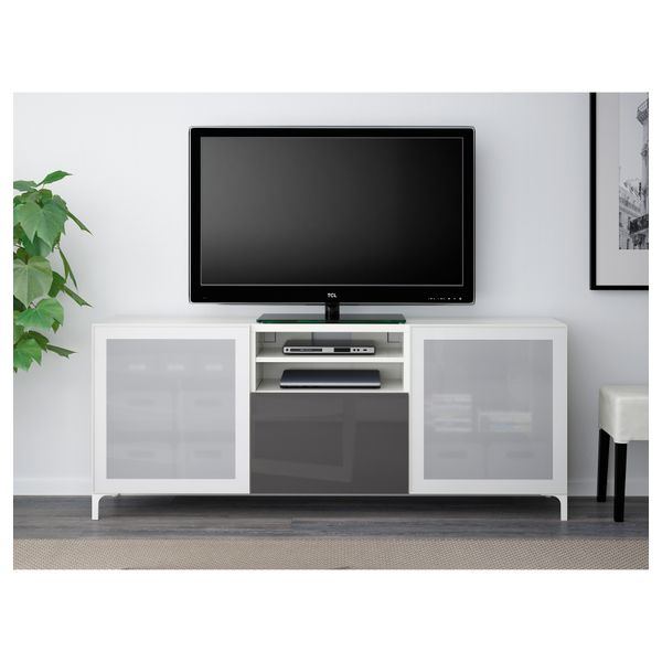 Тумба для ТВ с ящиками БЕСТО, белый, Сельсвикен глянцевый/серый матовое стекло (180x40x74 см) - фото 2