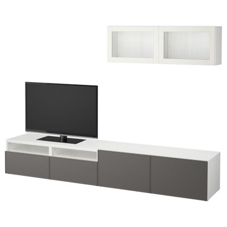 Шкаф для ТВ, комбинированный, стекляные дверцы БЕСТО, белый Грундсвикен, темно-серый прозрачное стекло (240x20/40x166 см)