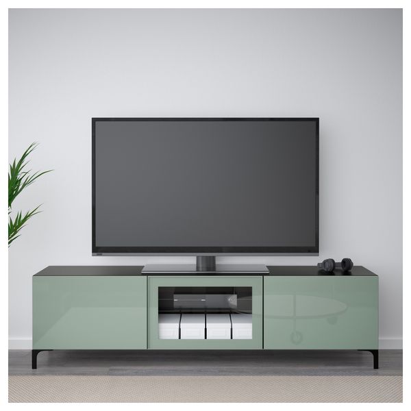 Тумба под ТВ с ящиками и дверцей БЕСТО, черно-коричневый Сельсвикен, глянцевый/серо-зеленый светлый прозрачное стекло (180x40x48 - фото 2