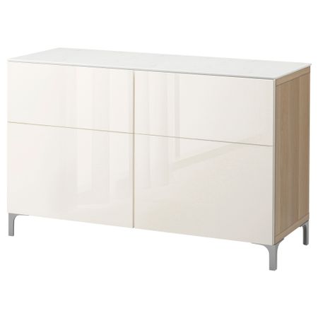 Комбинация для хранения с дверцами, ящиками БЕСТО, под беленый дуб, Сельсвикен глянцевый/белый (120x42x74 см)