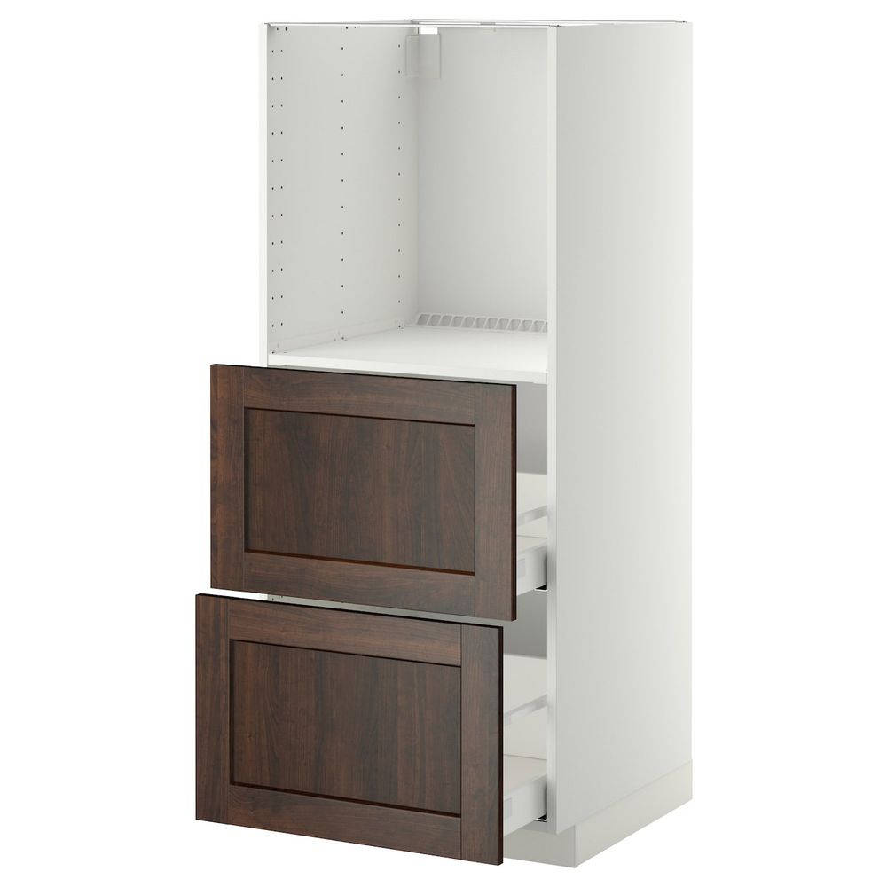 Высокий шкаф с 2 ящиками для/духовки, белый/Эдсерум коричневый 60x60x140 см IKEA METOD МЕТОД / MAXIMERA МАКСИМЕРА 992.378.76 - фото 1