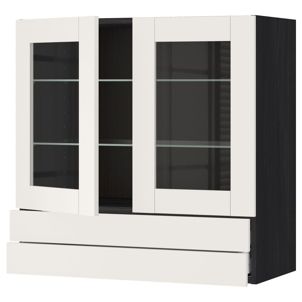 Навесной шкаф, 2 стеклянные дверцы, 2 ящика МЕТОД / МАКСИМЕРА, черный, Сэведаль белый - схема-чертеж с размерами