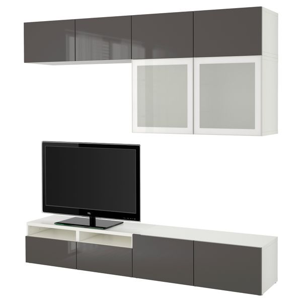 Шкаф для ТВ, комбинированный, стекляные дверцы БЕСТО, белый, Сельсвикен глянцевый/серый матовое стекло (240x40x230 см) - фото 1