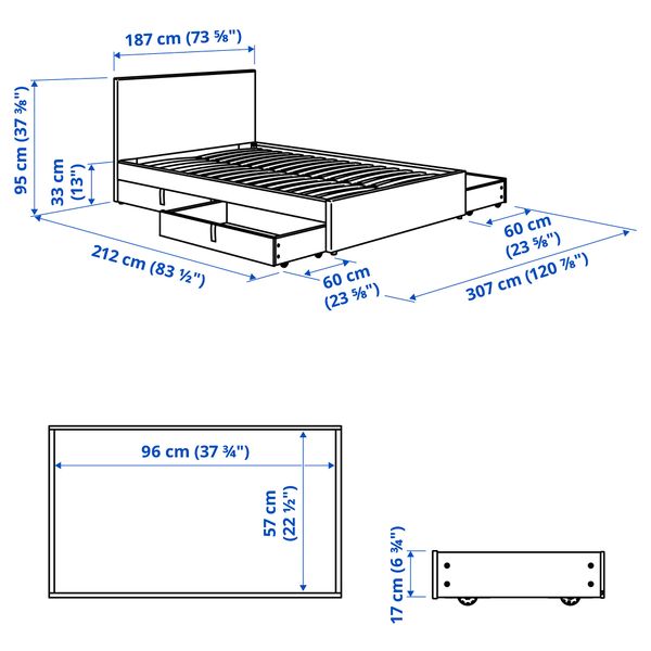 Кровать с обивкой,4 кроватных ящика, 180x200 cm IKEA GLADSTAD 194.070.14 - схема-чертеж с размерами