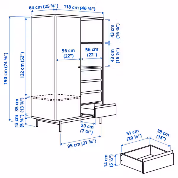 RÅDMANSÖ Гардероб - коричневый под грецкий орех 118x64x190 см - схема-чертеж с размерами