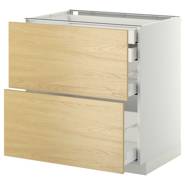 Напольный шкаф 2 фронтальные панели, 2 нижних, 1 средний, 1 высокий ящик МЕТОД / МАКСИМЕРА, белый, Тингсрид береза - фото 1