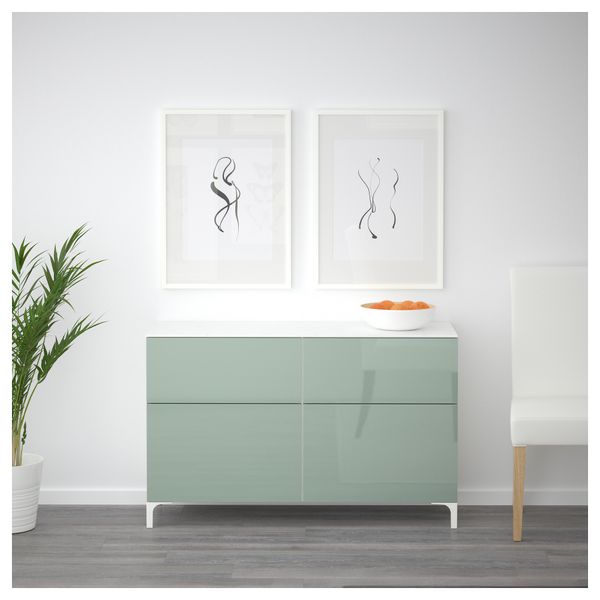 Комбинация для хранения с дверцами, ящиками БЕСТО, белый, Сельсвикен глянцевый/серо-зеленый светлый (120x42x74 см) - схема-чертеж с размерами