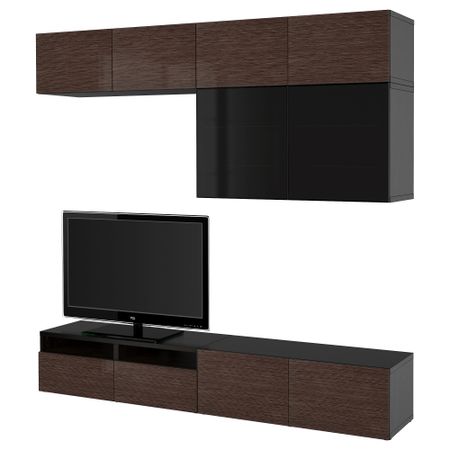 Шкаф для ТВ, комбинированный, стекляные дверцы БЕСТО, черно-коричневый, Сельсвикен глянцевый/коричневый дымчат стекло