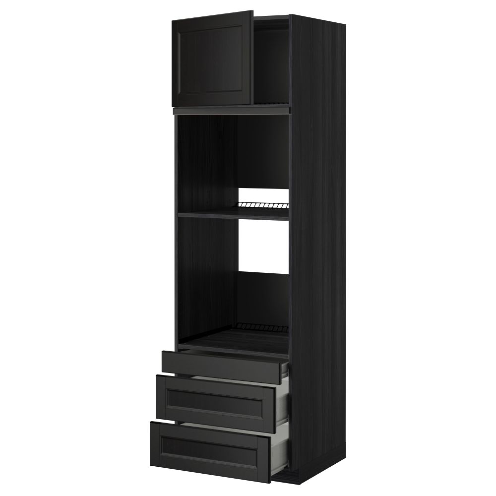 Высокий шкаф для духовки комбинированный, духовка + дверца, 3 ящика МЕТОД / ФОРВАРА, черный, Лаксарби черно-коричневый - фото 1