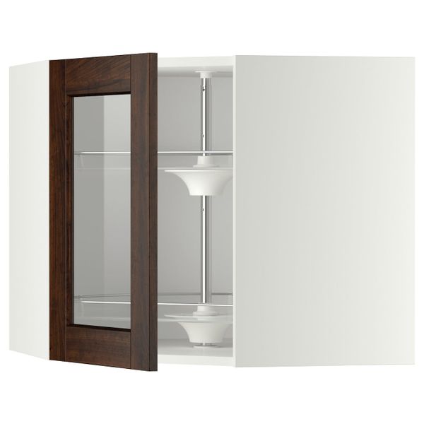 Угловой навесной шкаф с вращающейся секция, стеклянная дв, белый/Эдсерум коричневый 68x60 см IKEA METOD МЕТОД 092.266.60 - фото 1