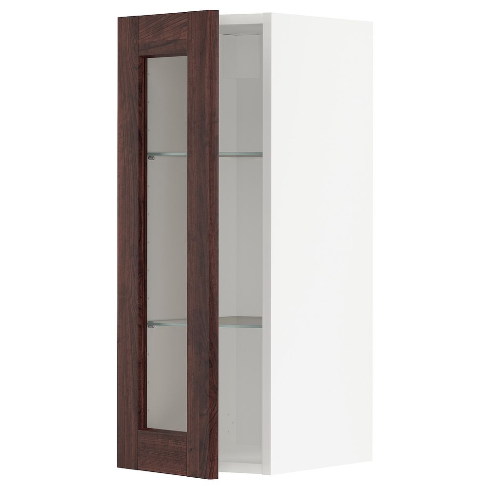 Навесной шкаф с полками, стекляными дв, белый/Эдсерум коричневый 30x80 см IKEA METOD МЕТОД 593.043.11 - фото 1