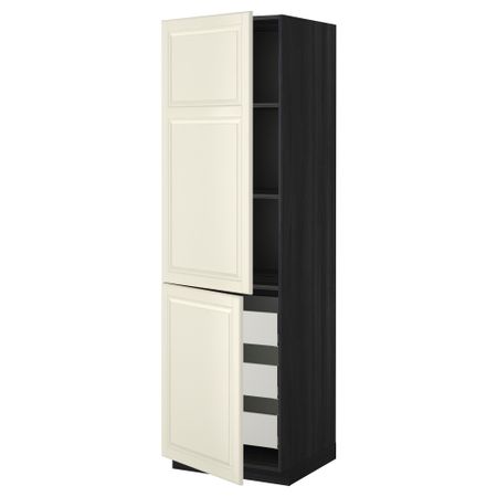 Высокий шкаф + полки, 3 ящика, 2 дверцы МЕТОД / МАКСИМЕРА, черный, Будбин белый с оттенком