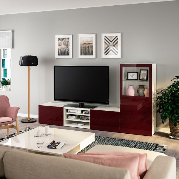 Шкаф для ТВ, комбинированный, стекляные дверцы, белый Сельсвикен, темный красно-коричневый прозрачное стекло, 240x42x128 см IKEA - фото 2