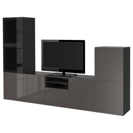 Шкаф для ТВ, комбинированный, стекляные дверцы БЕСТО, черно-коричневый, Сельсвикен глянцевый/серый прозрачное стекло (300x40x192