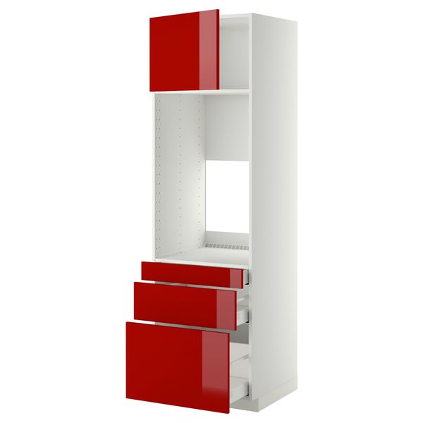 Высокий шкаф для двойной духовки, 3 ящика, дверца МЕТОД / МАКСИМЕРА, белый, Рингульт красный - схема-чертеж с размерами